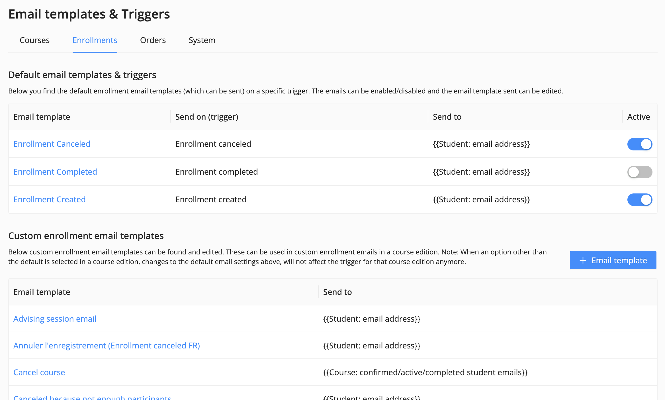 enrollment (system) emails in Eduframe