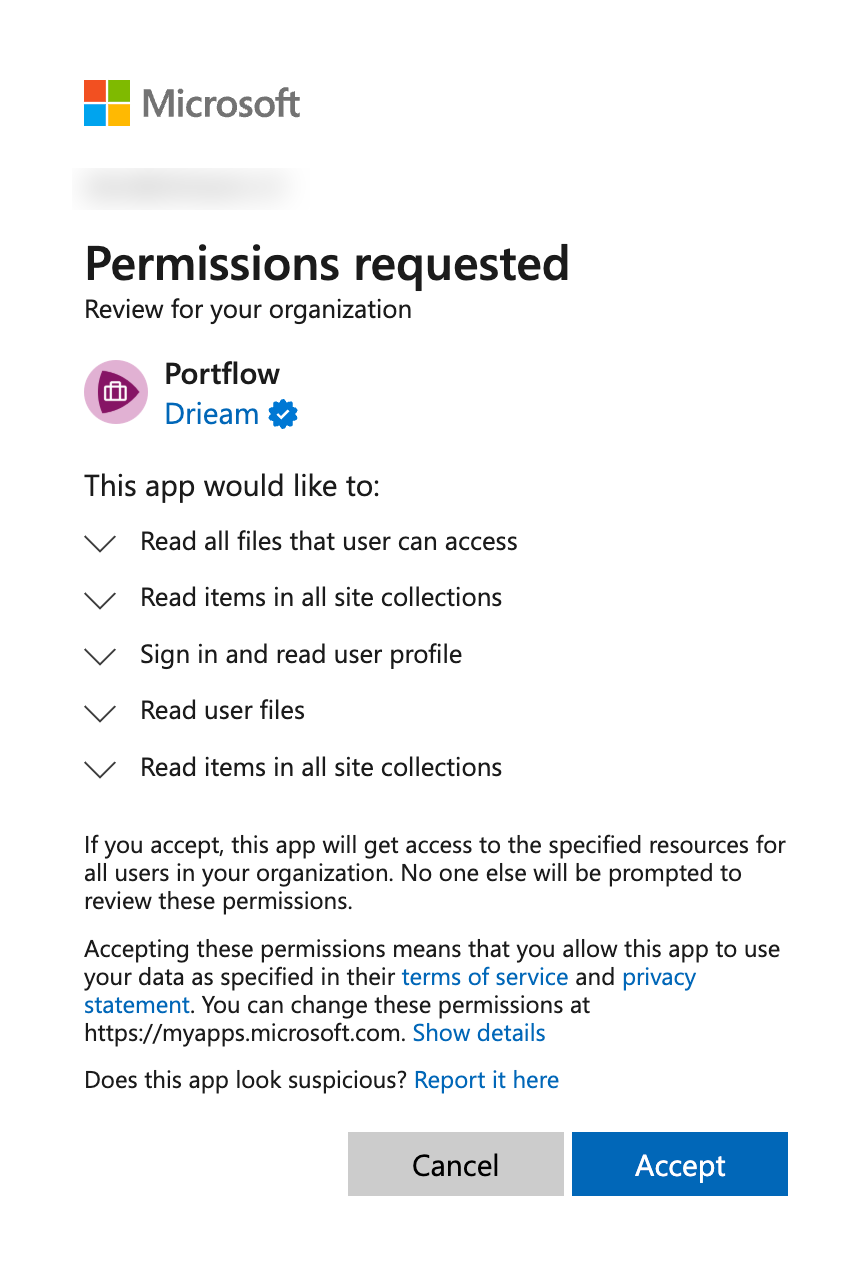 Overview of requested permission by Portflow on the user's behalf