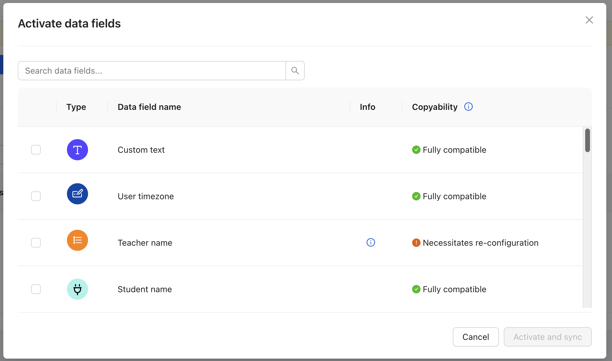 A screenshot of the 'Activate data fields' modal.