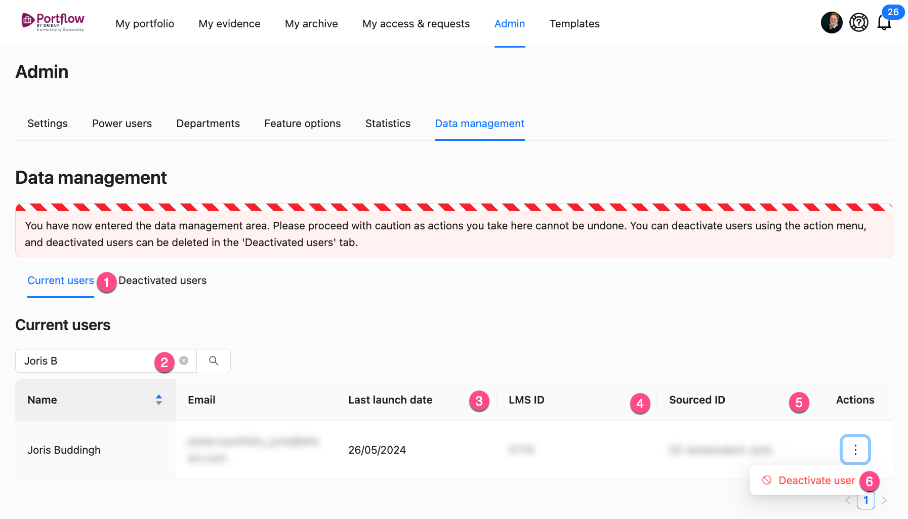 Actions for data management for Admins in the user interface