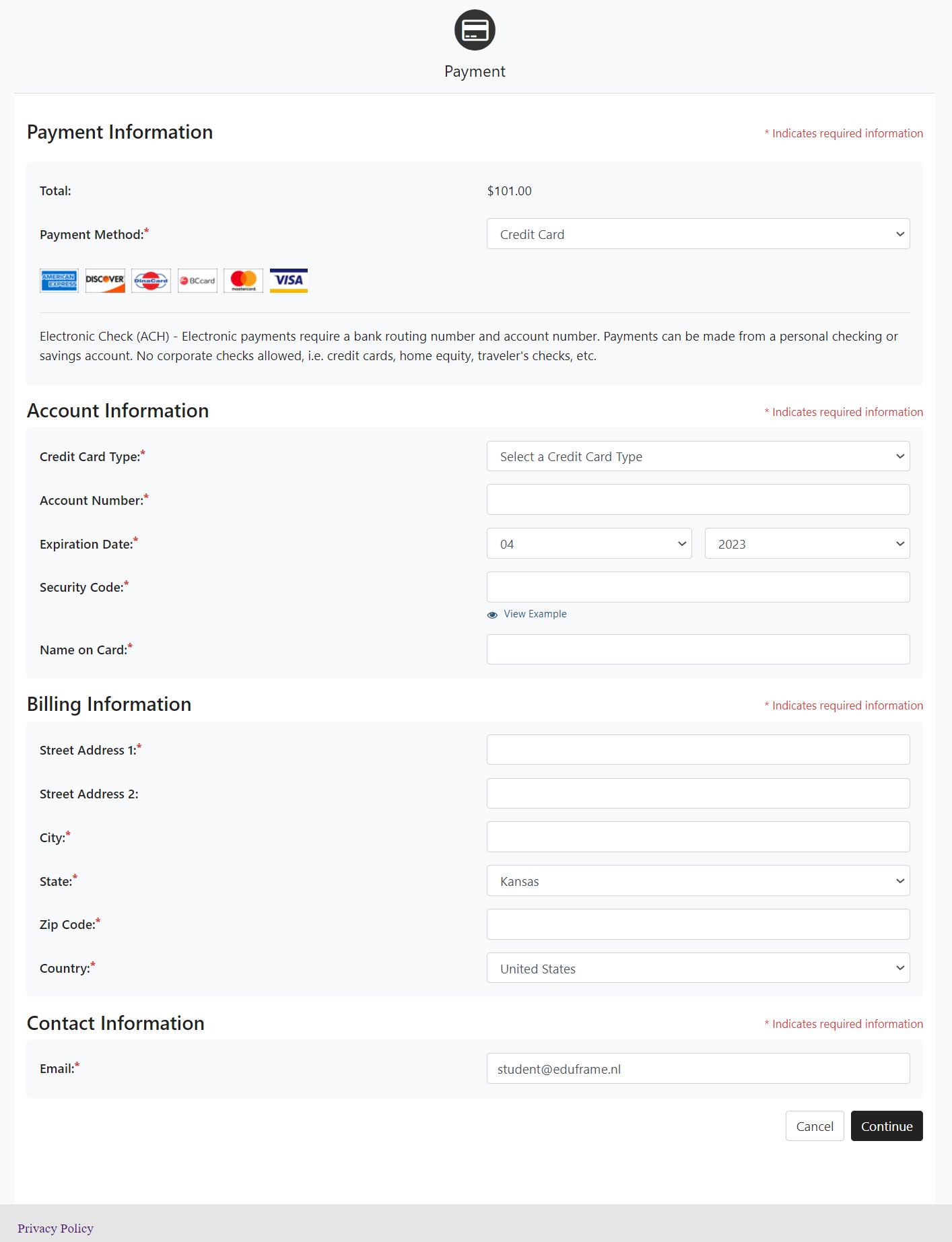 fill in payment details in TouchNet