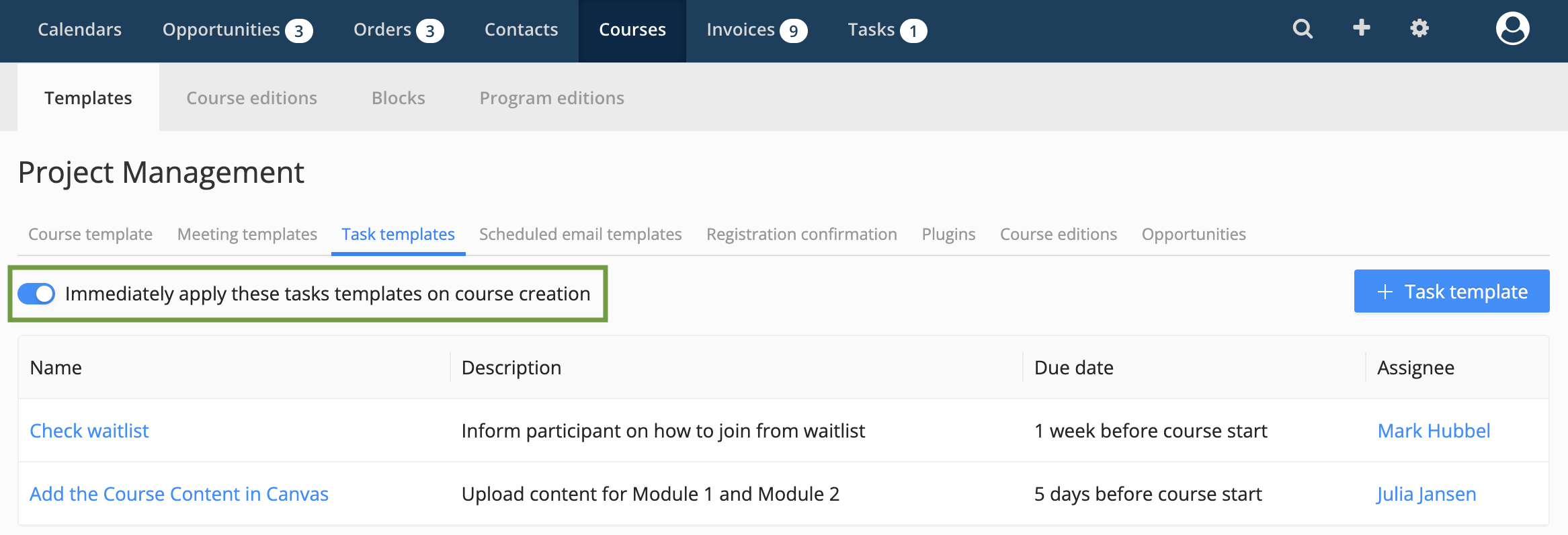 apply task templates at course edition creation