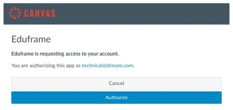 Authorize button to start the authorization process with Canvas