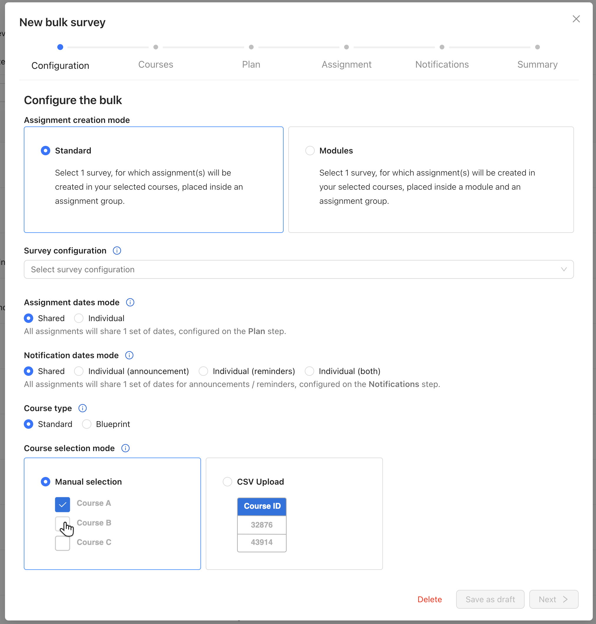 Screenshot 2026-07-22 at 10.23.23.png A screenshot of the bulk survey wizard in Qualtrics LTI. Shown is the Configuration step and all of its settings.