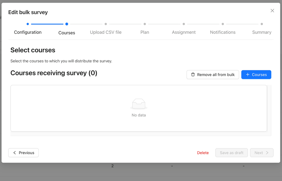 Screen Recording 2026-07-22 at 10.57.41.gif An animation showing the Courses step of the bulk survey wizard in Qualtrics LTI.