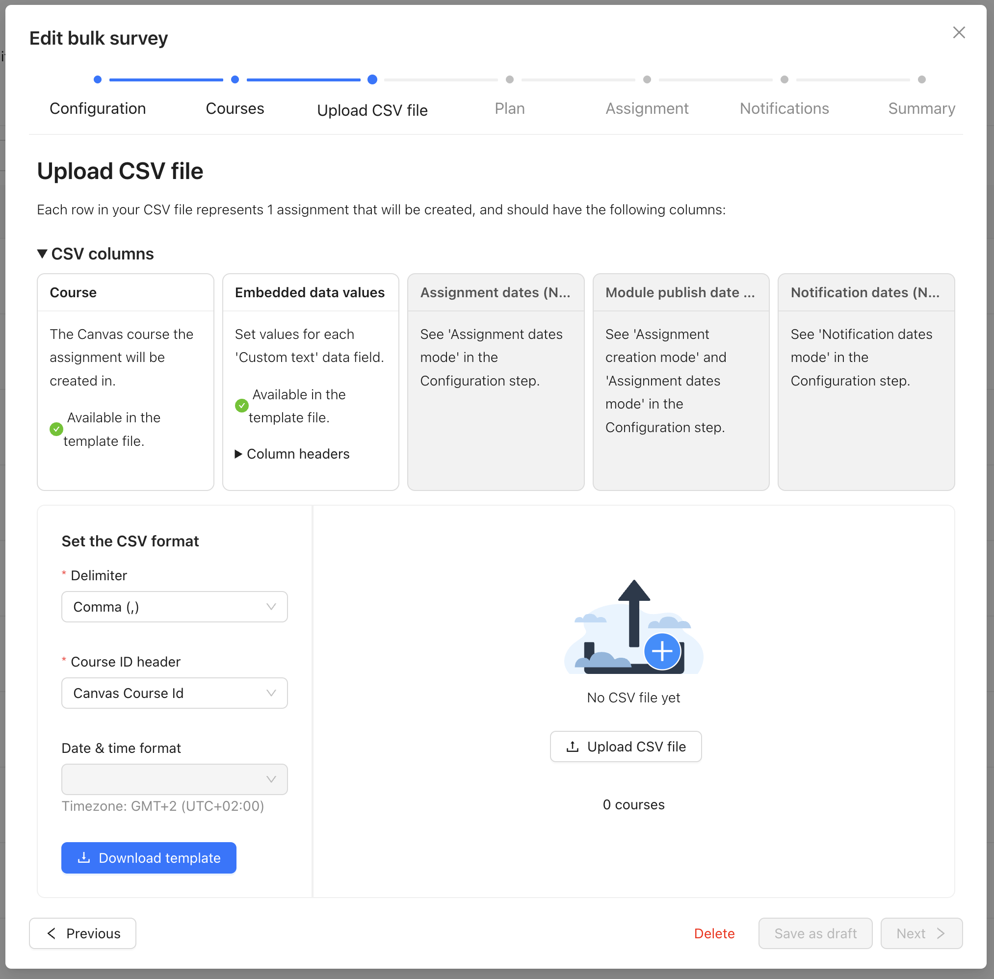 Screenshot 2026-07-22 at 11.07.11.png A screenshot of the Upload CSV file step of the bulk survey wizard in Qualtrics LTI.