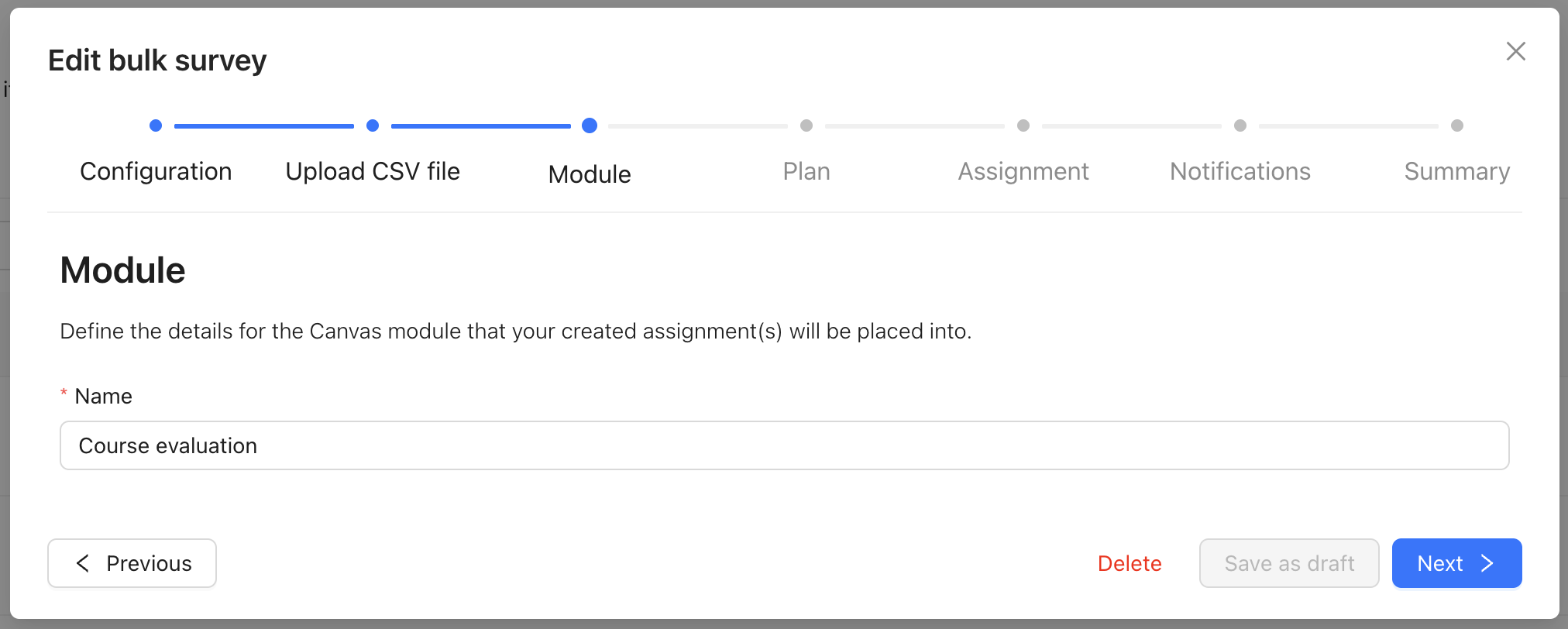 Screenshot 2026-07-22 at 11.46.32.png A screenshot of the Module step of the bulk survey wizard in Qualtrics LTI.