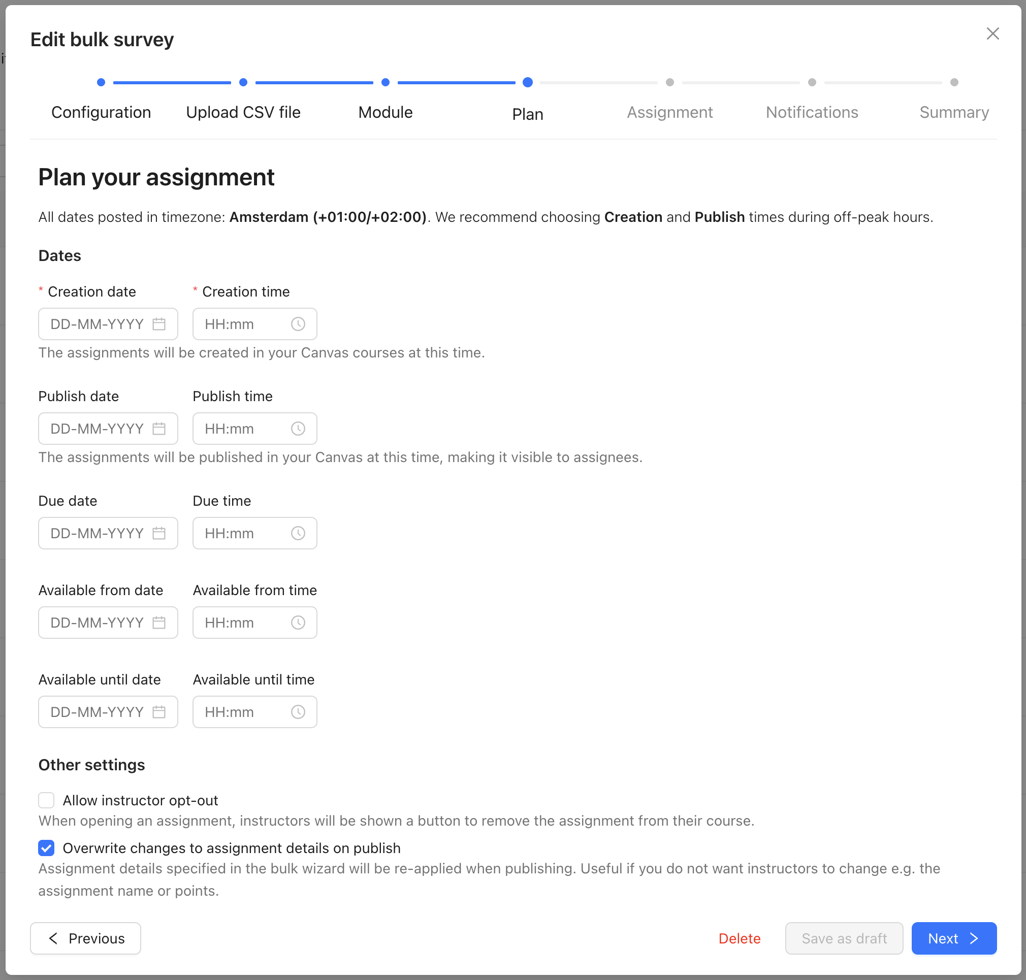 Screenshot 2026-07-22 at 11.50.26.png A screenshot of the Plan step of the bulk survey wizard in Qualtrics LTI.