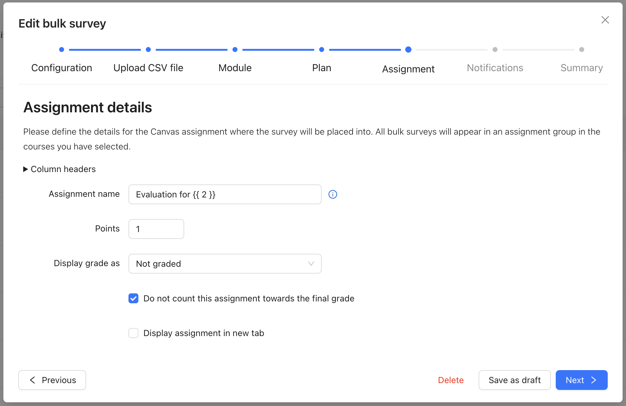 Screenshot 2026-07-22 at 12.01.44.png A screenshot of the Assignment step of the bulk survey wizard in Qualtrics LTI.