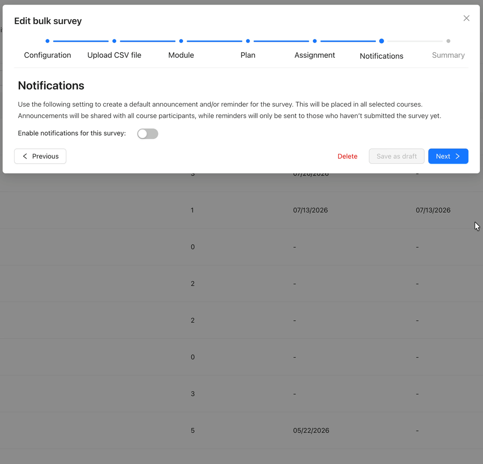 Screen Recording 2026-07-22 at 13.36.53.gif An animation showing the Notifications step of the bulk survey wizard in Qualtrics LTI.