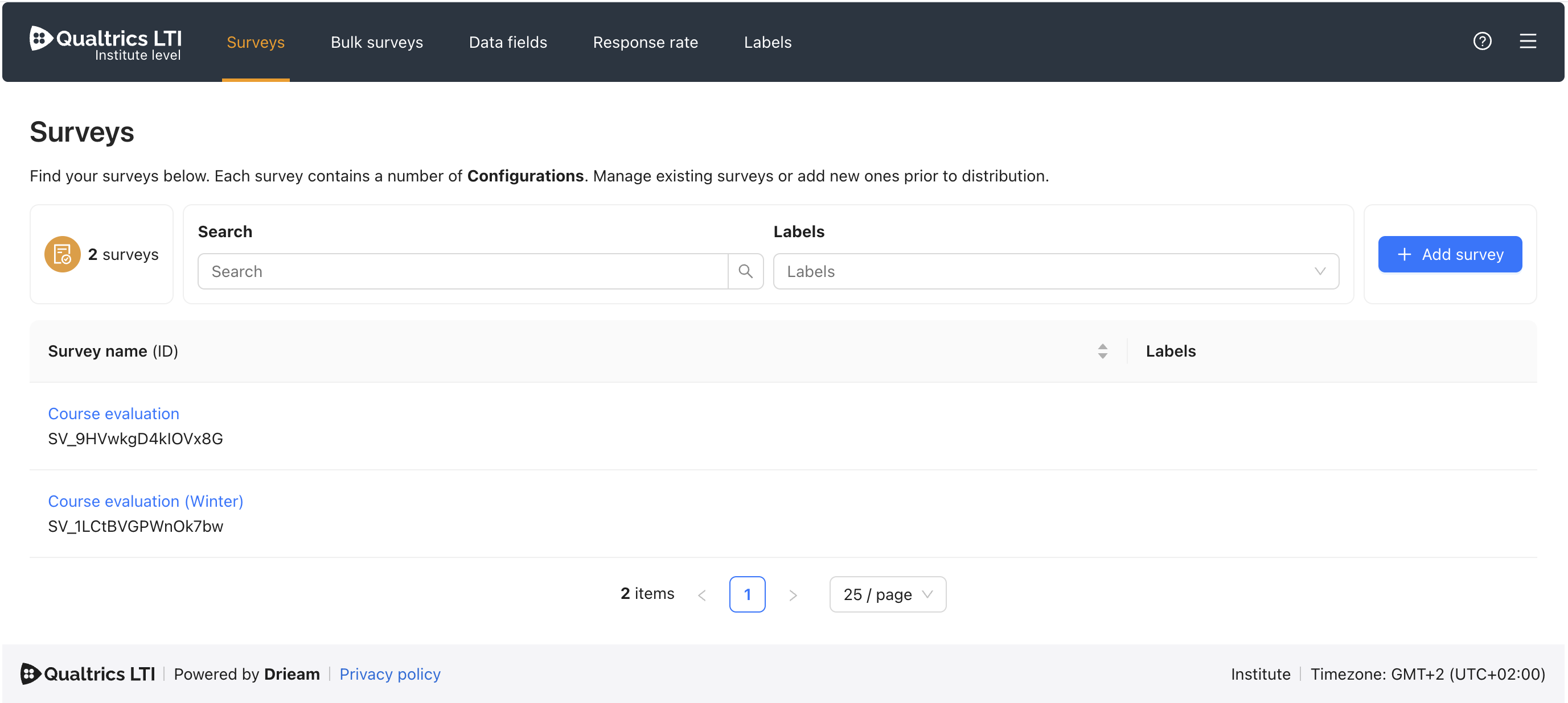 Screenshot 2026-07-23 at 11.53.45.png A screenshot of the Surveys page of the Institute level of Qualtrics LTI. Shown is a list containing 2 added surveys.