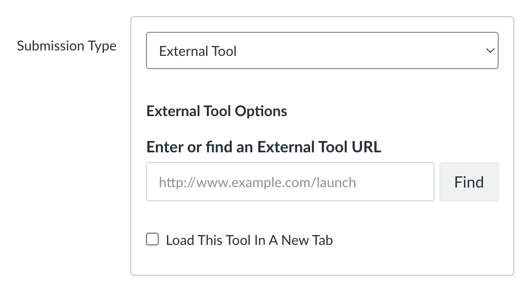 Fig 1. A screenshot of the External Tool Submission Type in a Canvas assignment's settings.