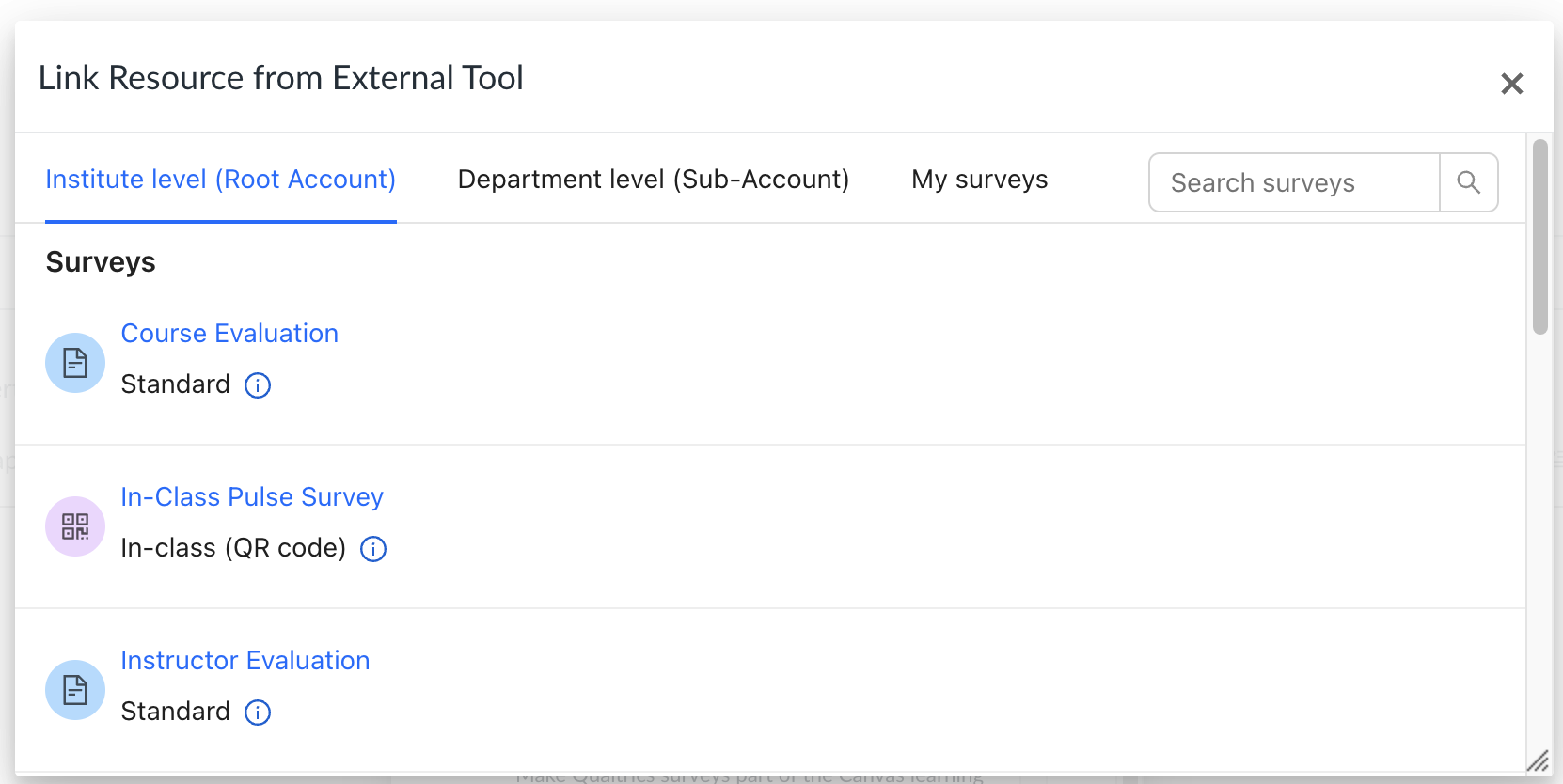 A screenshot of the Survey configuration selection screen of Qualtrics LTI in the External Tool Window.