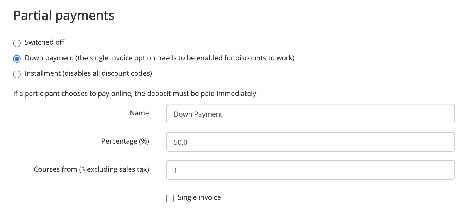 Screenshot 2026-07-27 at 16.33.54.png down payment in payment options in Eduframe