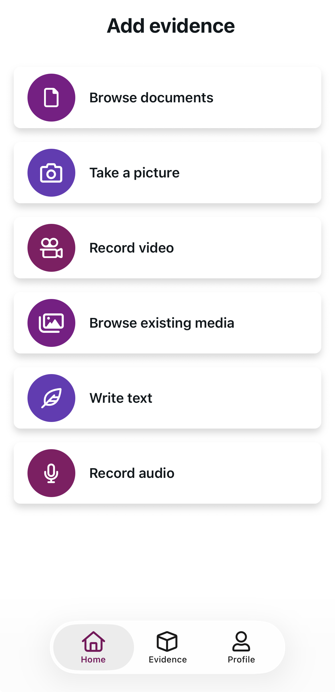 add evidence types.png choose an evidence type for the mobile app