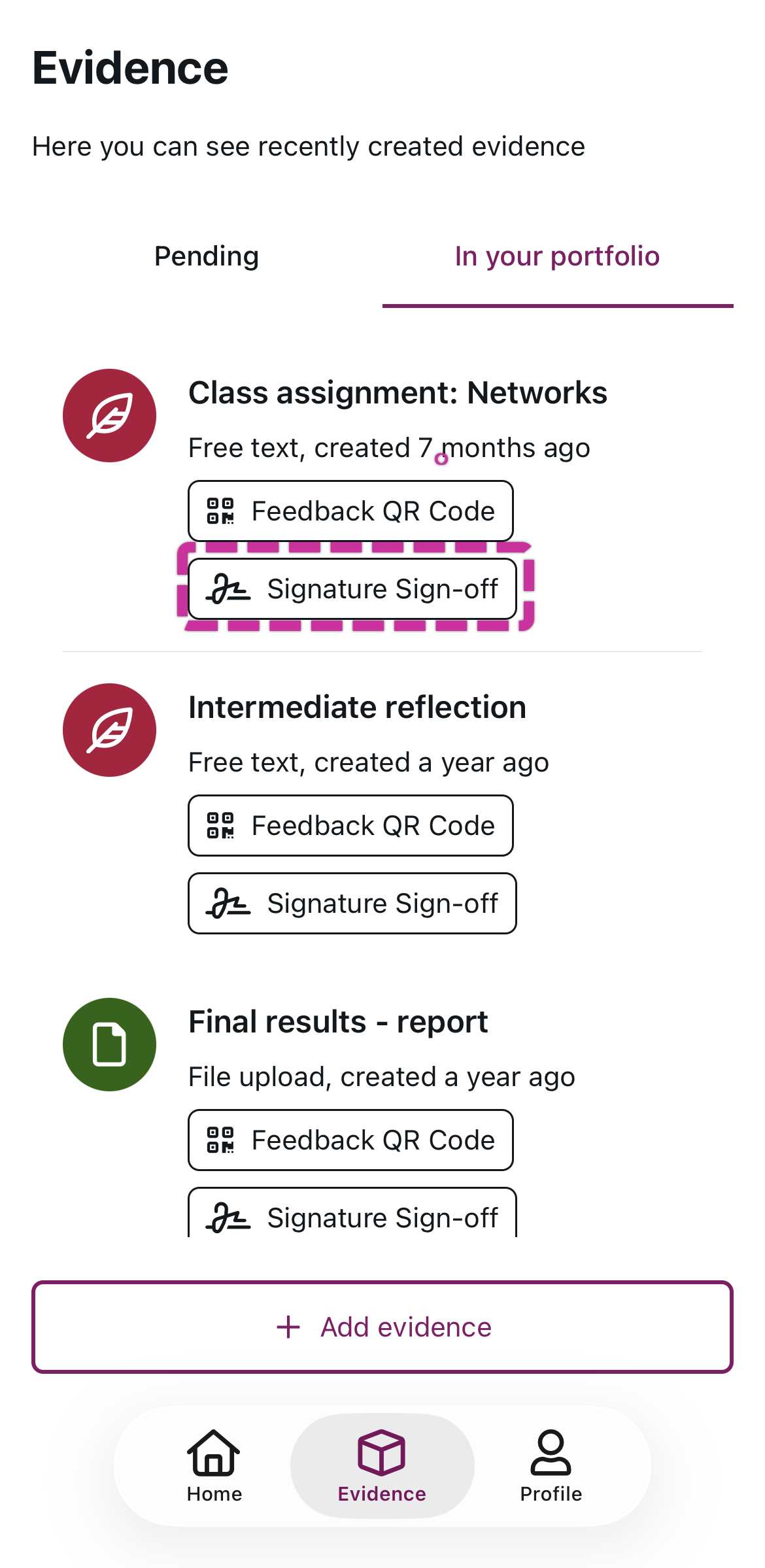 signature from evidence overview.png sign off an activity from your evidence overview