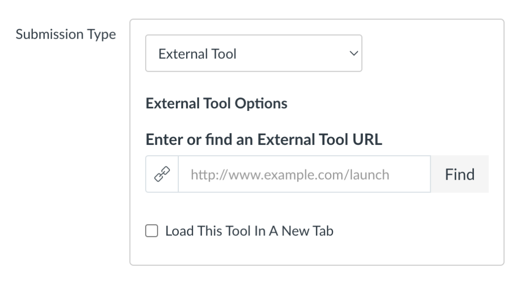 A screenshot of the Submission Type section of a Canvas assignment's settings. The Submission Type is set to External Tool.