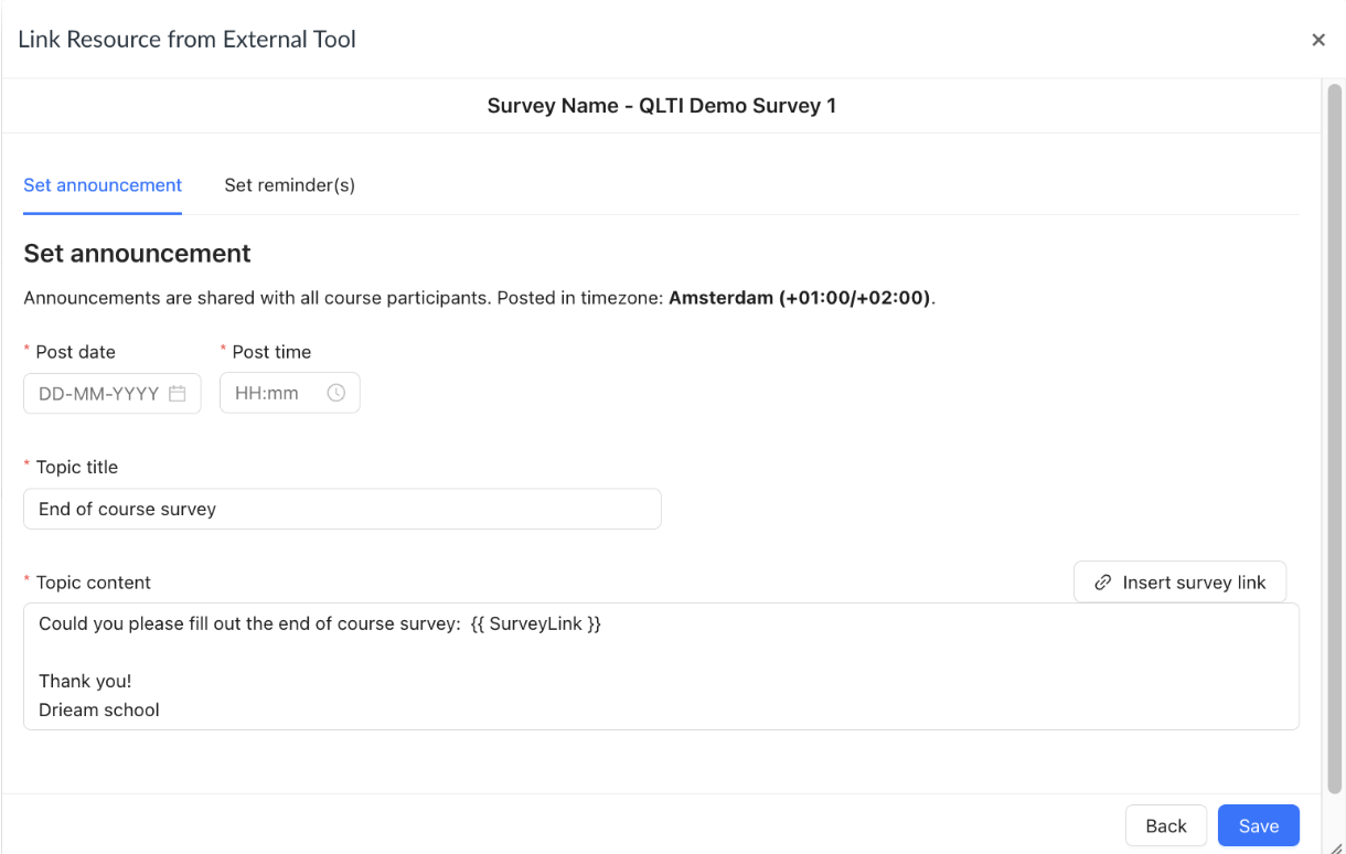 The Notifications step when adding a Qualtrics LTI survey to a Canvas assignment in the External Tool Window
