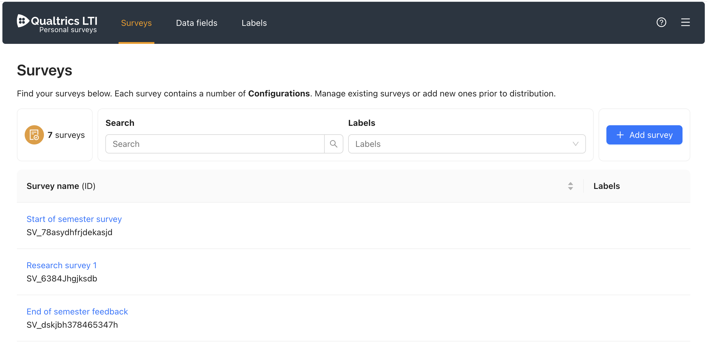 a screenshot of Qualtrics LTI at the Personal surveys level