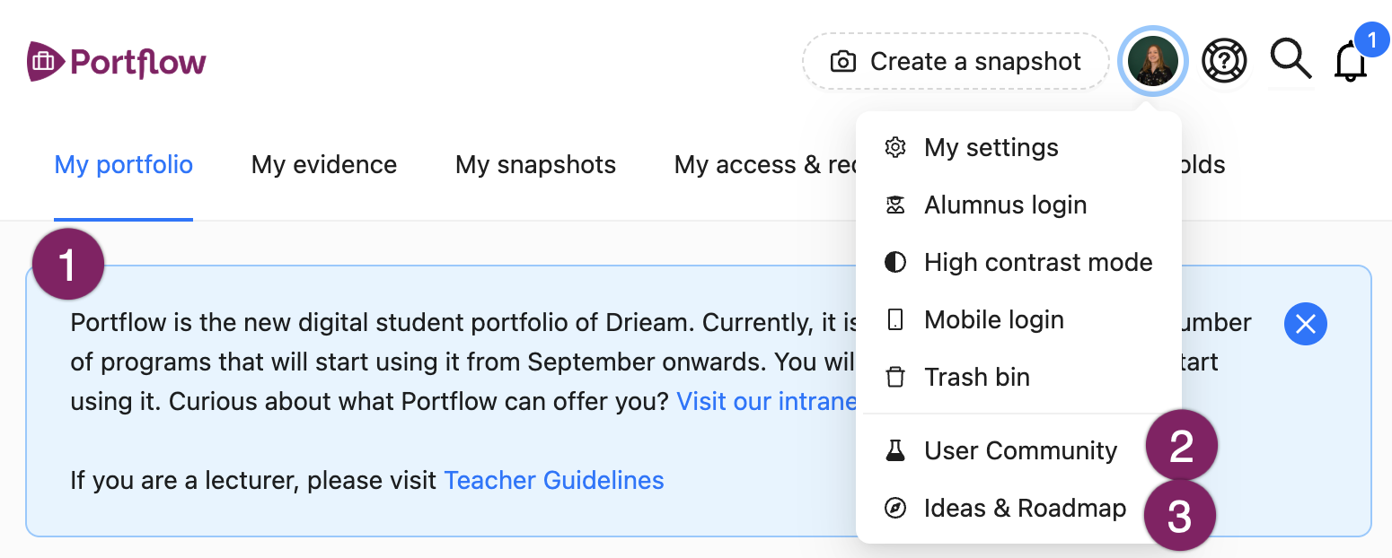 feature options example.png example of new user info box, and the menu behind the portflow avatar