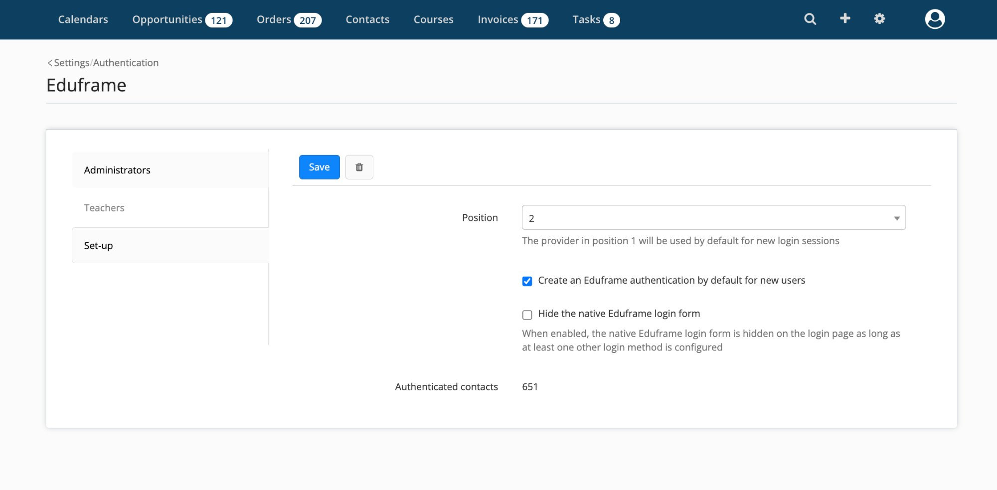 hide the native Eduframe login form in settings, authentication