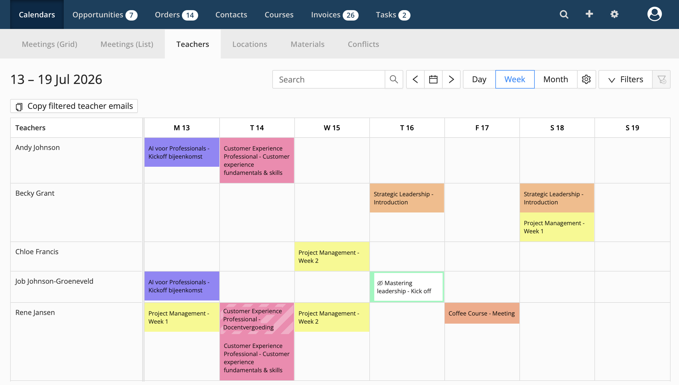 image.png Teachers calendar in Eduframe, showing a Teacher's Meetings and Subevents with overlapping assignments, including drafts.