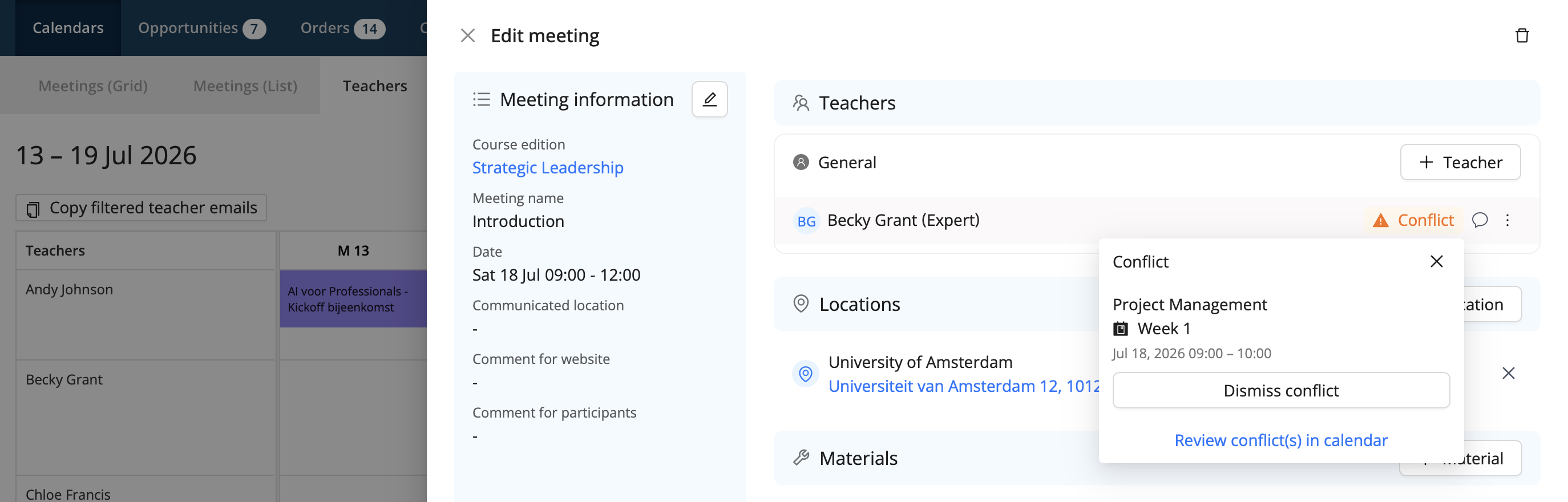 image.png Meeting drawer in Eduframe showing a conflict indicator on a double-booked Teacher, with options to solve or dismiss it.