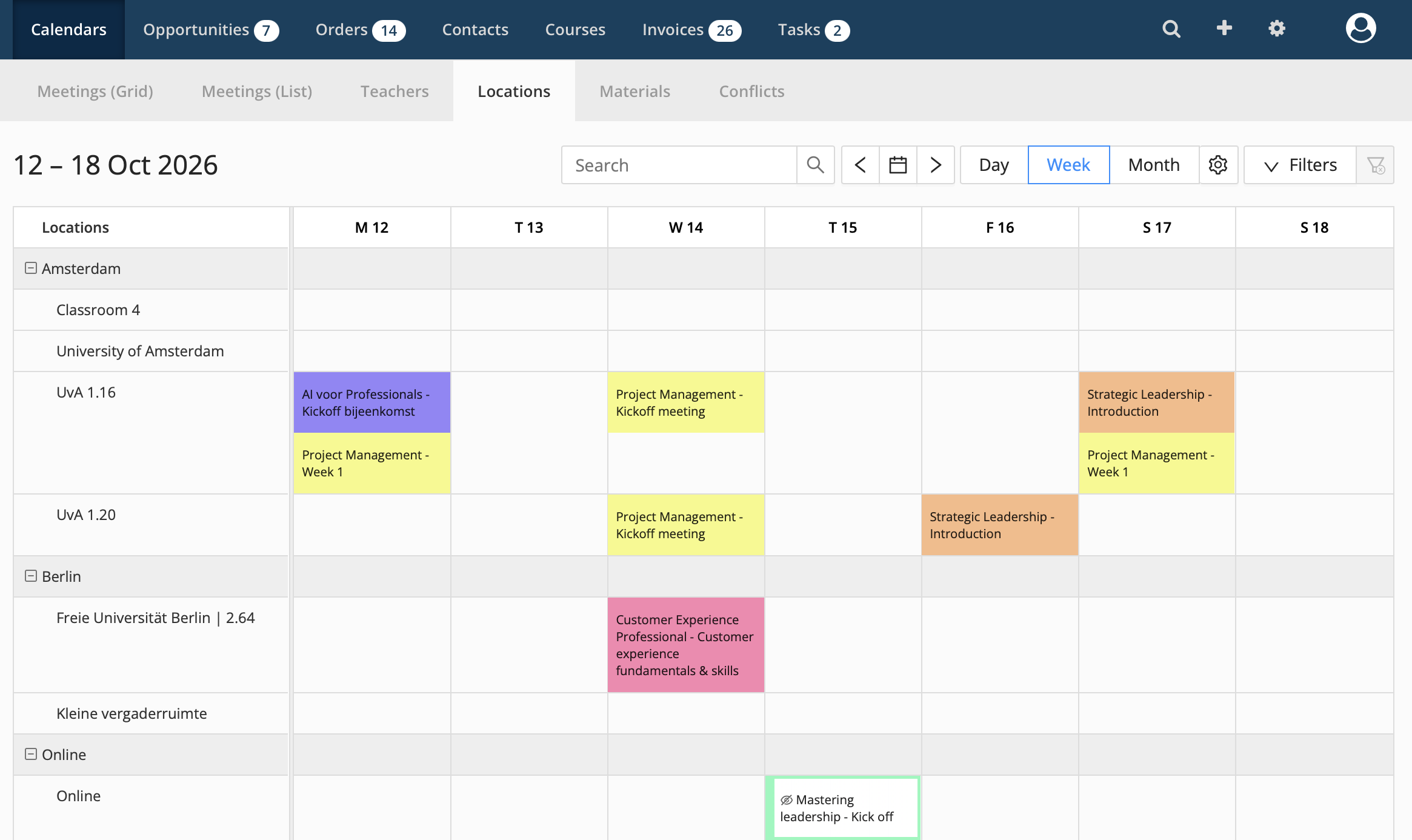 image.png Locations calendar in Eduframe, showing a week of bookings grouped by course location.
