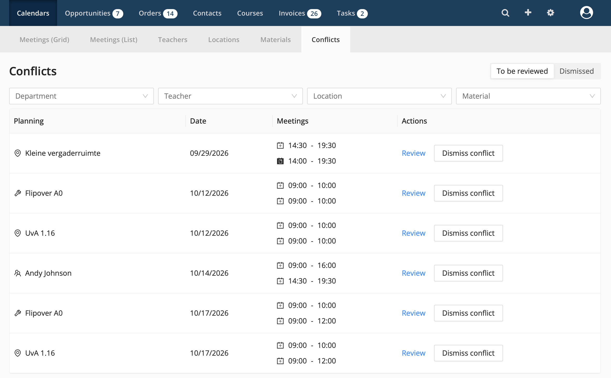 image.png Conflicts overview in Eduframe listing bookings to be reviewed, with filters for Department, Teacher, Location and Material.