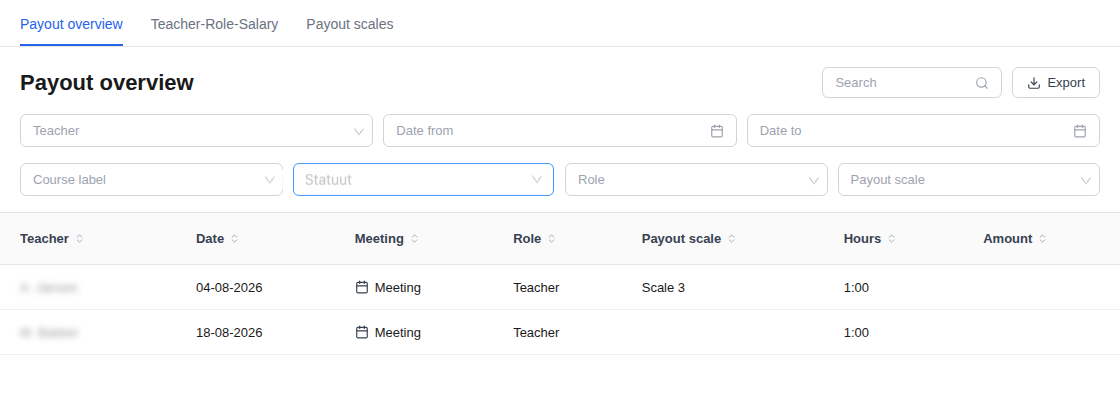 hours-overview.png Payout LTI Hours overview with Role, Salary Scale, and Hours columns, filterable by a Statuut custom field.