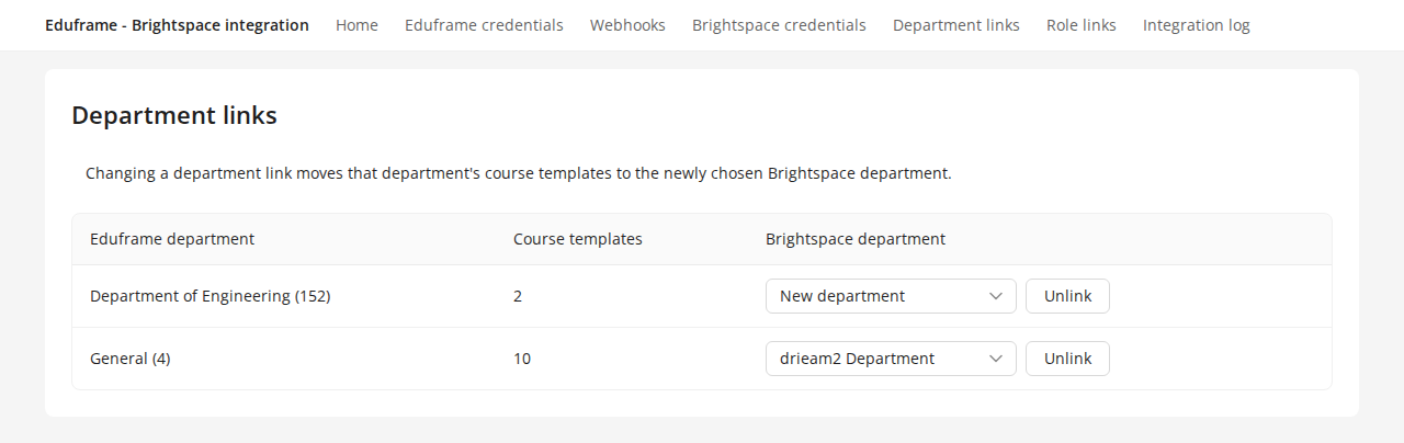 Link Eduframe departments to Brightspace departments