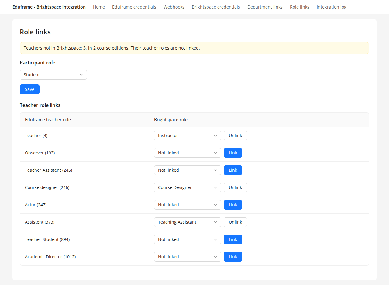 Set Brightspace roles in Eduframe