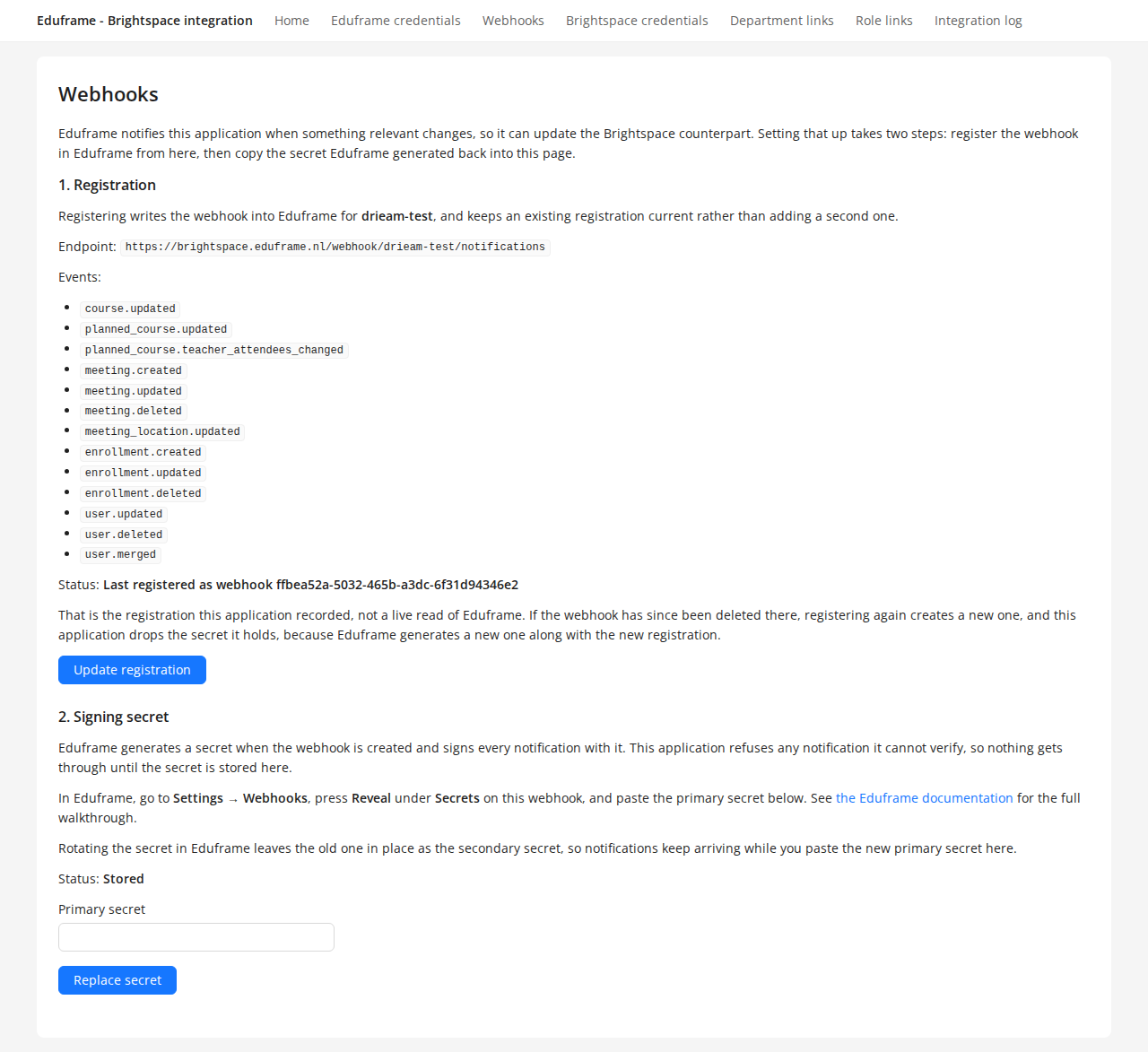 Register the webhook of the Brightspace integration