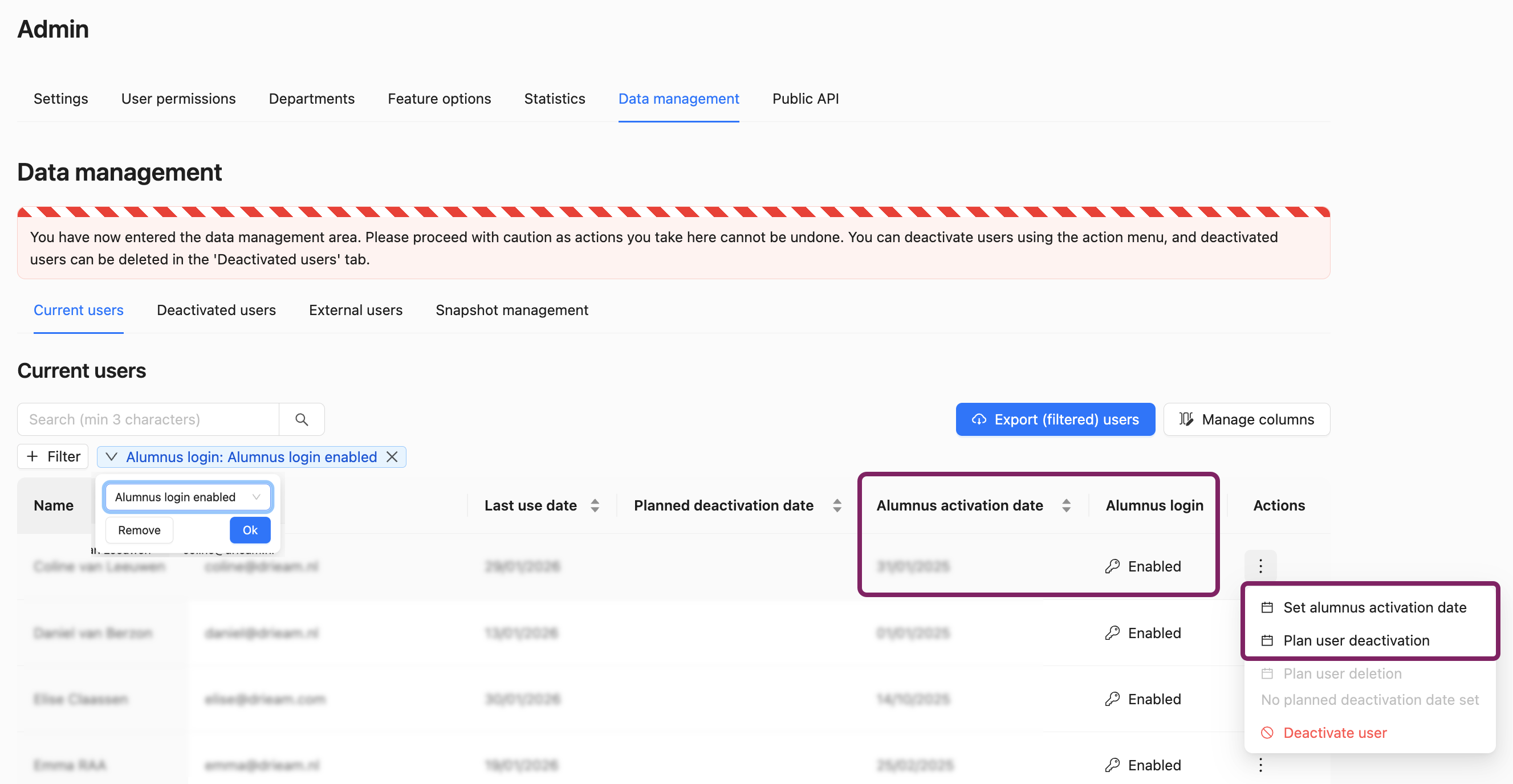 Set up Alumnus activation date via the user interface for admins.
