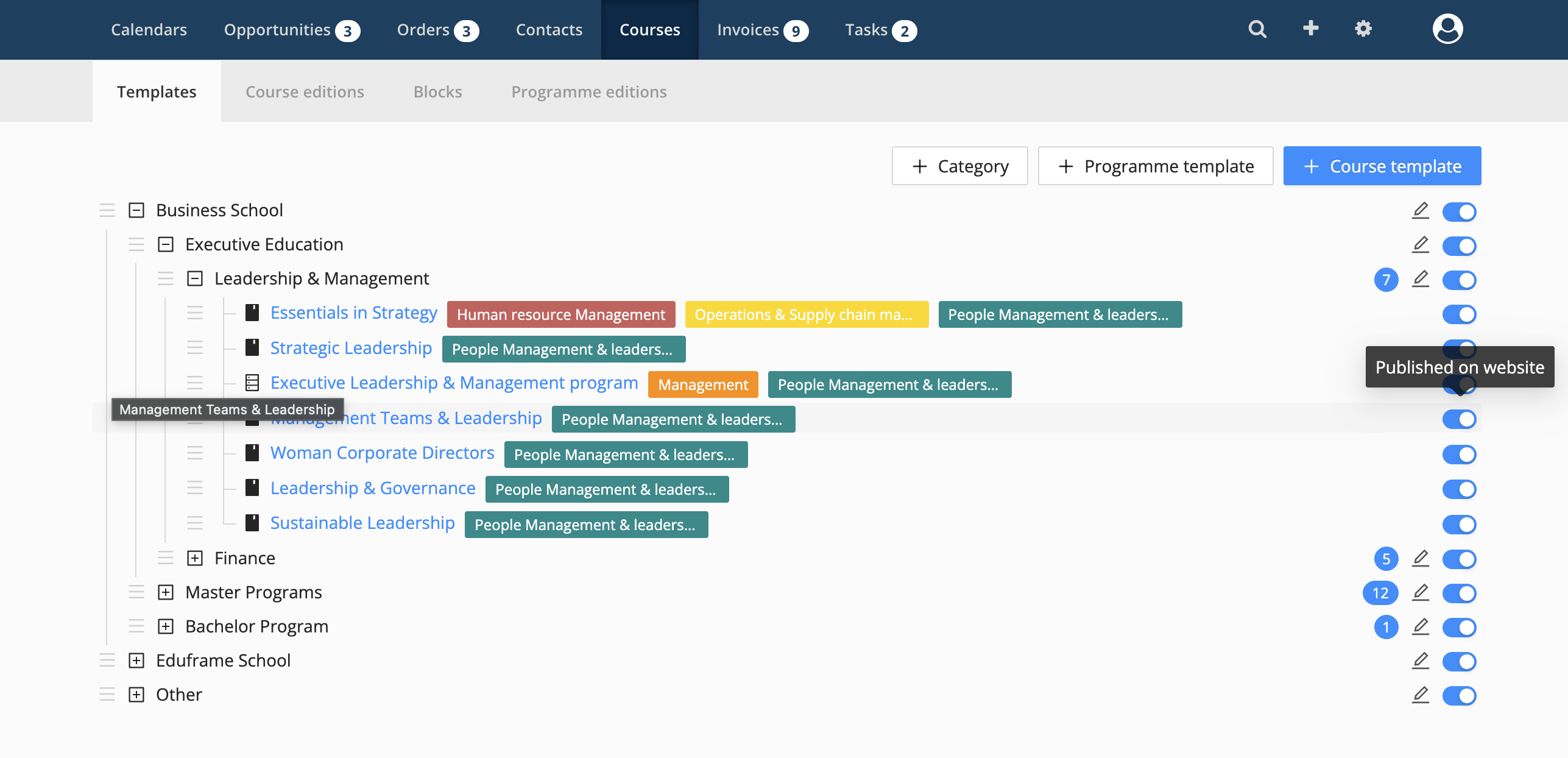 hierarchy in Eduframe: categories, course and program templates, public and visibility on website and signup form