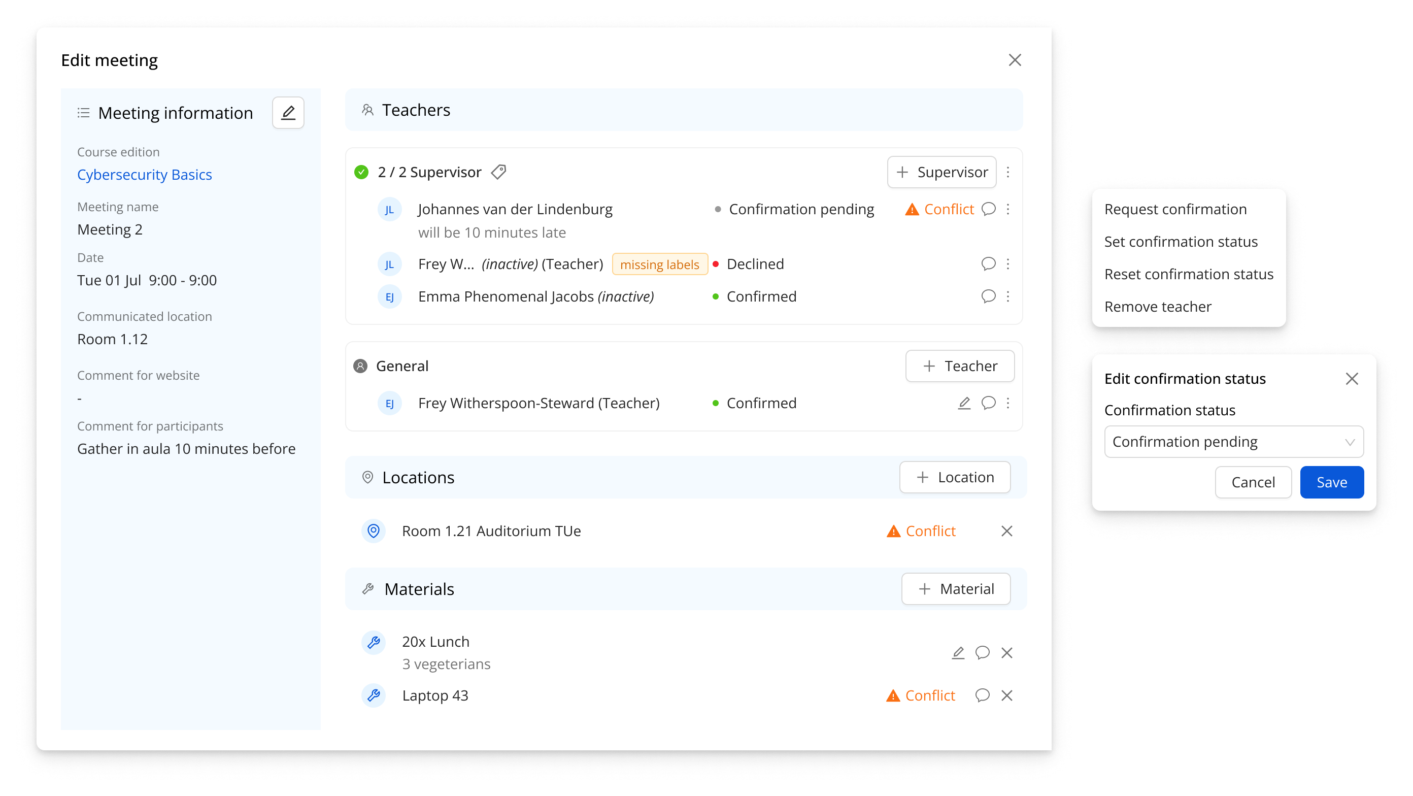 meeting drawer actions and statuses