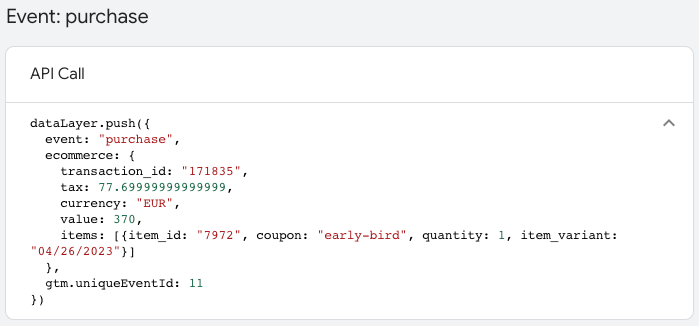 purchase event, api call, google analytics