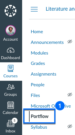 Portflow in the Course Menu giving access to the Coaching Dashboard in Canvas.