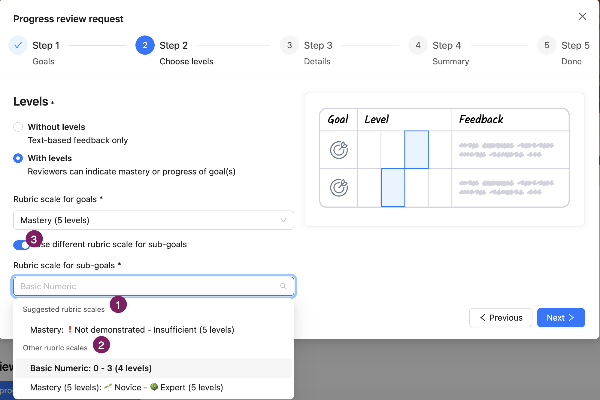 step 2 levels.png Step 2 of the Progress Review: choose with or without levels
