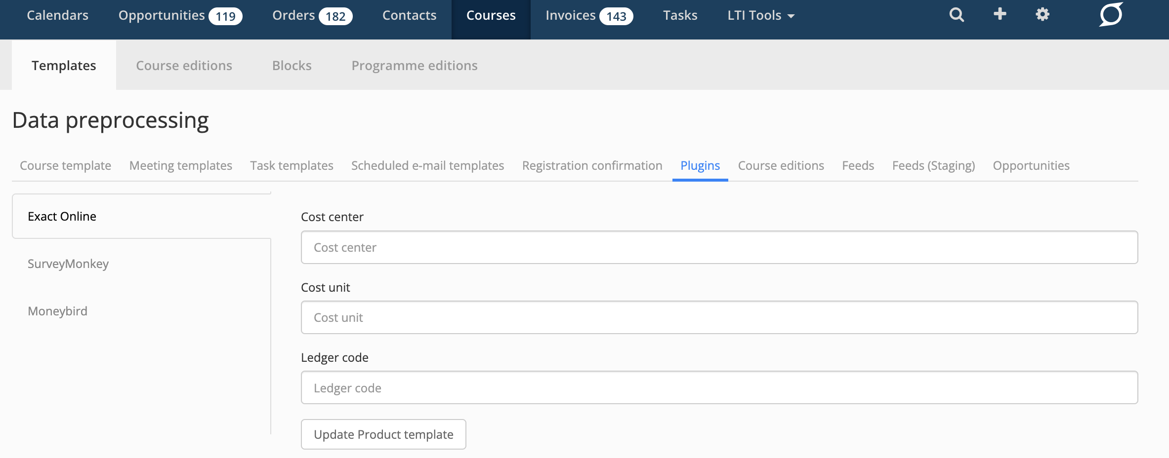 Exact Online can be found in the plugin tab on a course template or course edition in Eduframe