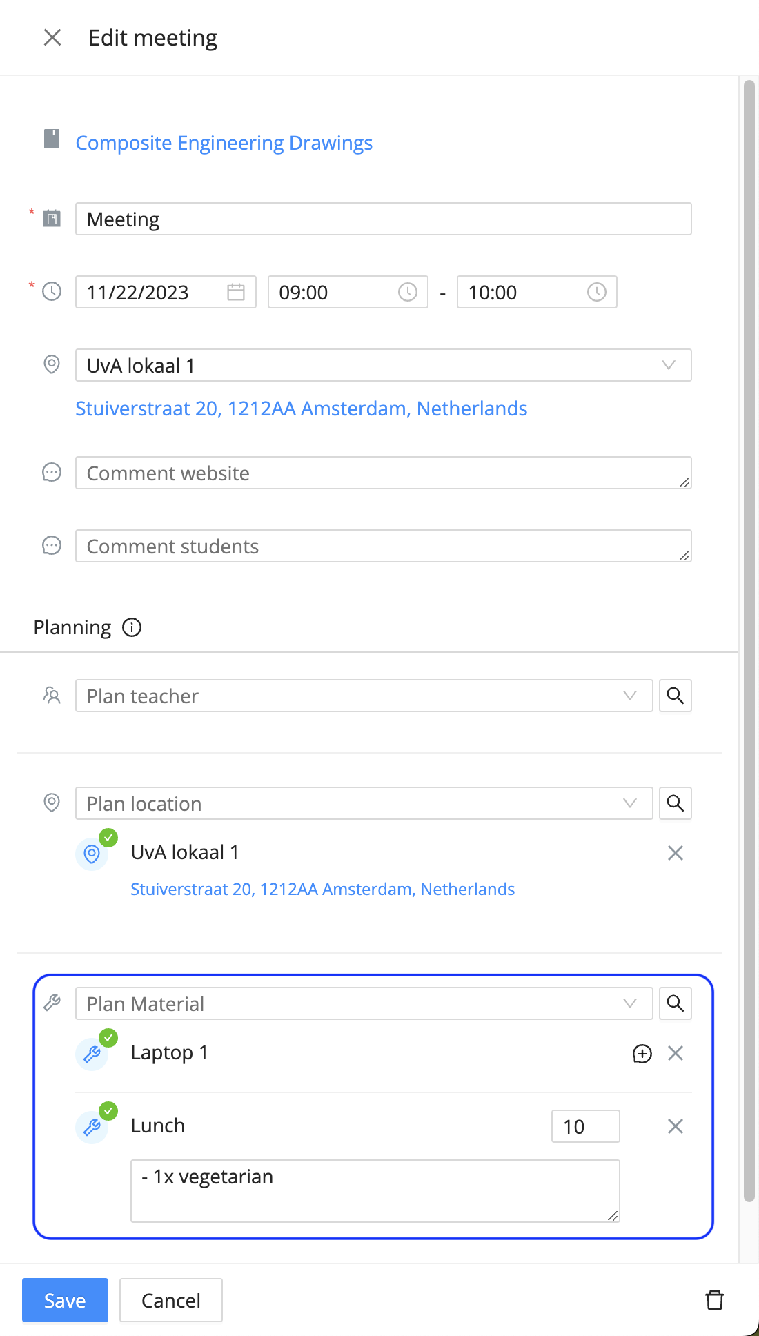 schedule materials on meeting level