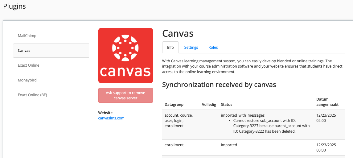 Canvas integration screen in Eduframe