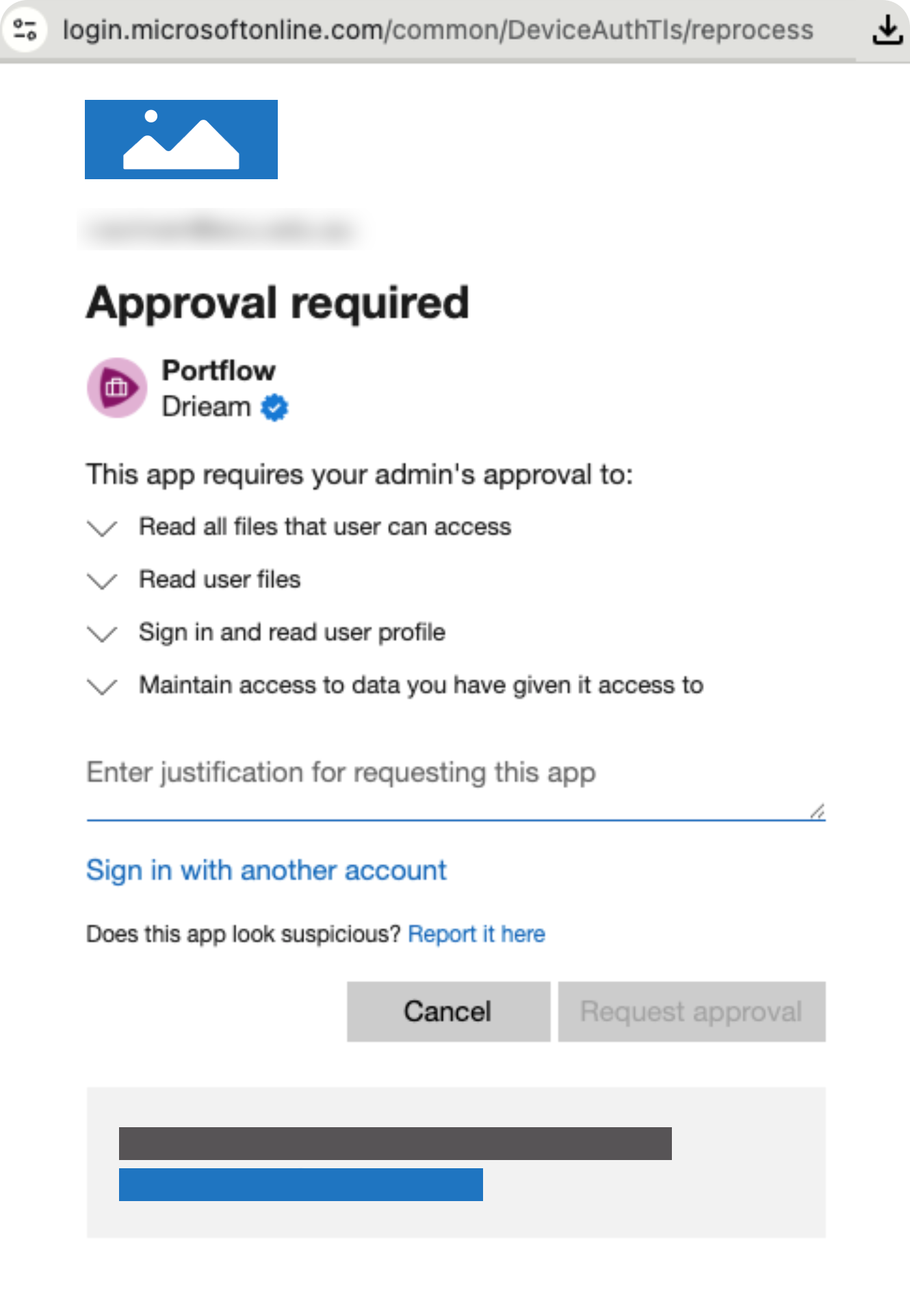 Example of the message from Microsoft indicating that additional admin permissions are required.
