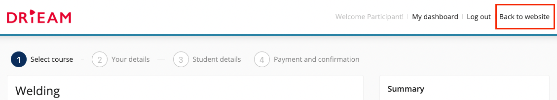 example of a 'back to website' button on the Eduframe signup form