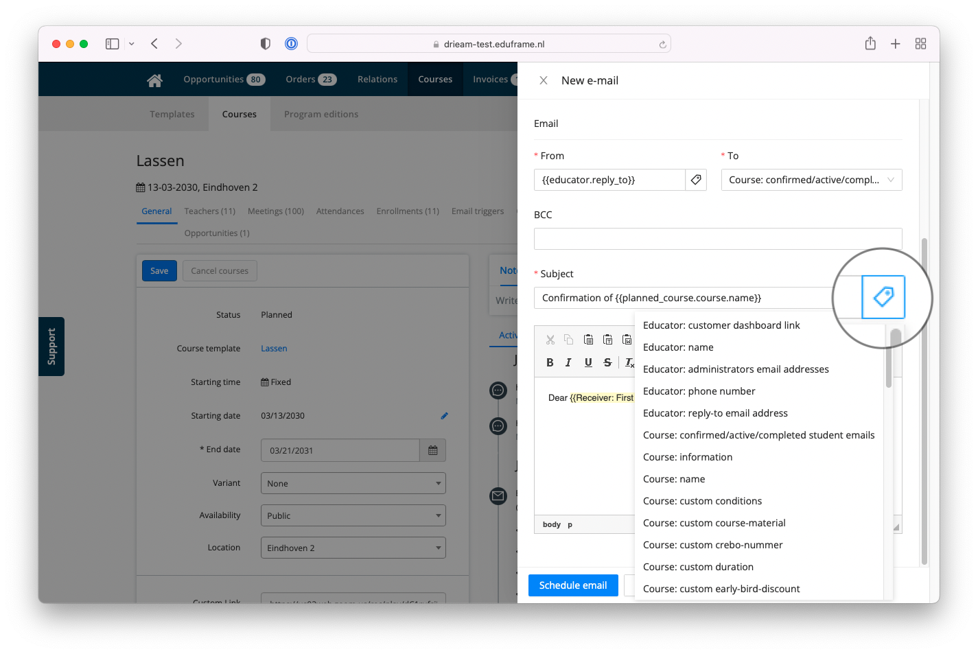 Email tags in subject line of email in Eduframe