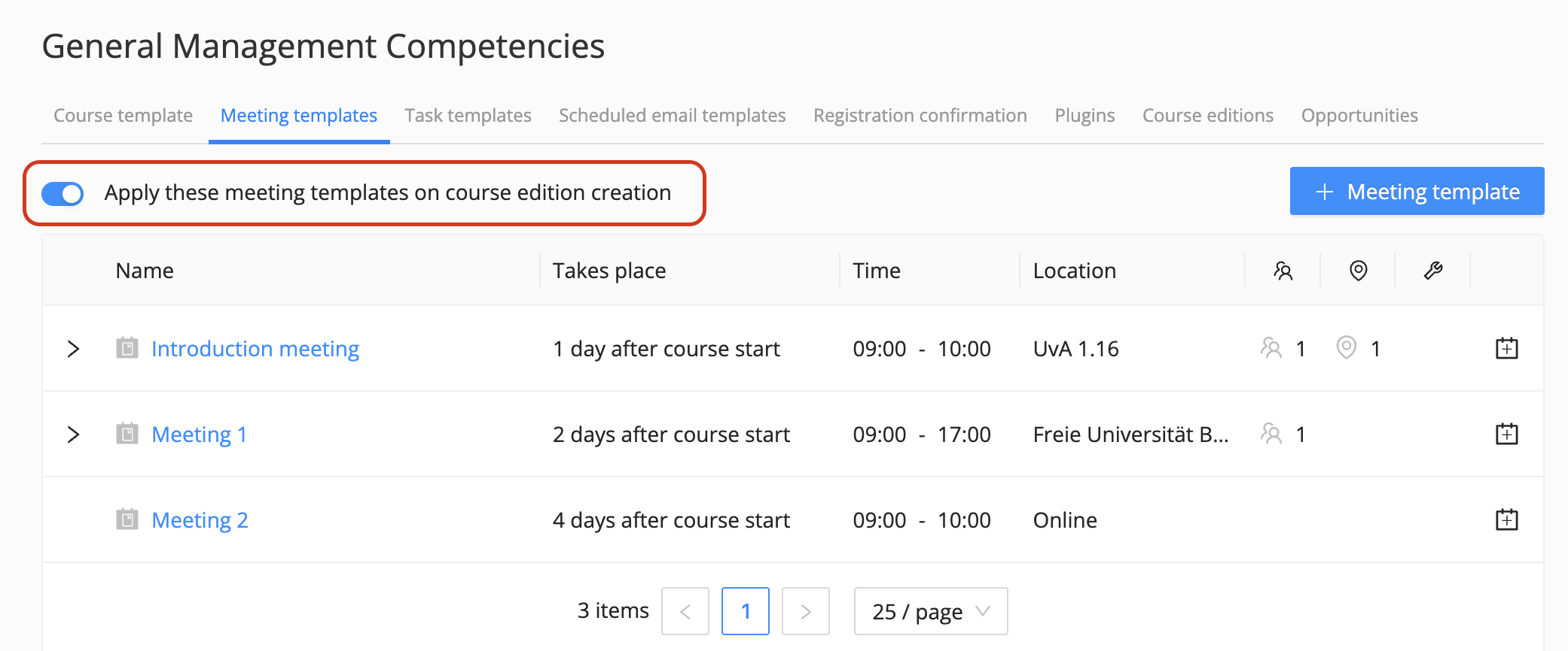 apply meeting templates at the moment of course edition creation or not