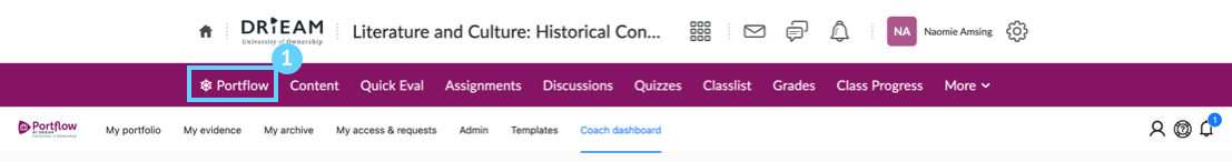 Portflow menu item in the Course Nav Bar providing access to the Coaching Dashboard.