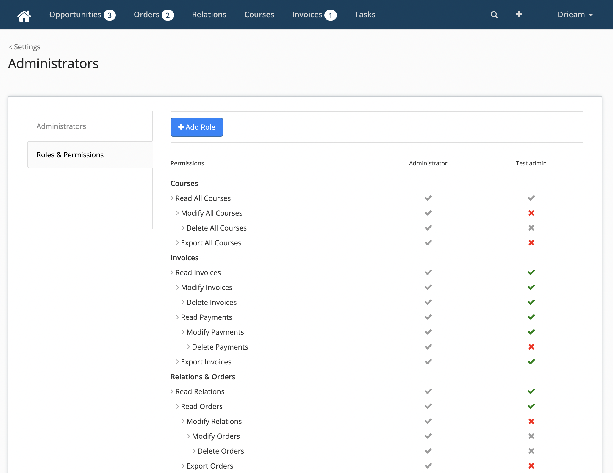 example of administrator roles and permissions in Eduframe