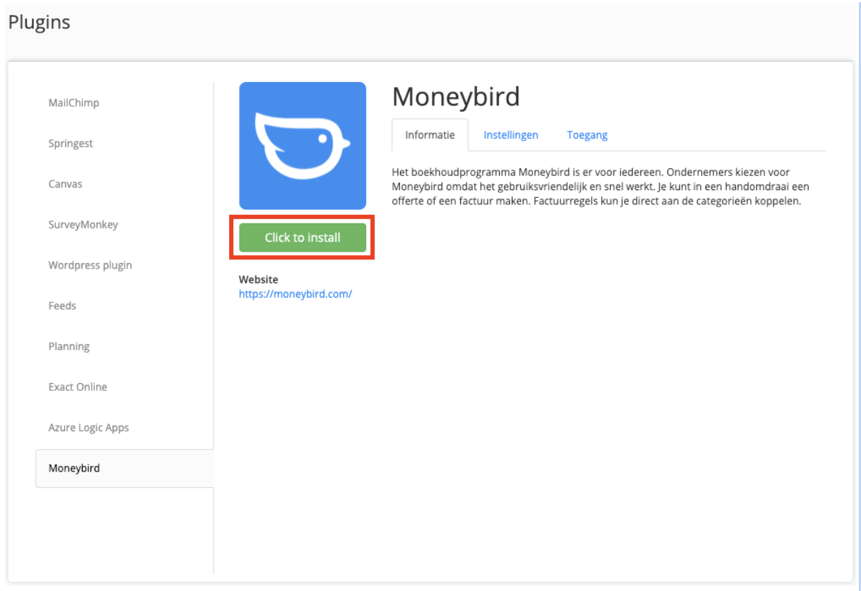 click to install moneybird in eduframe plugins