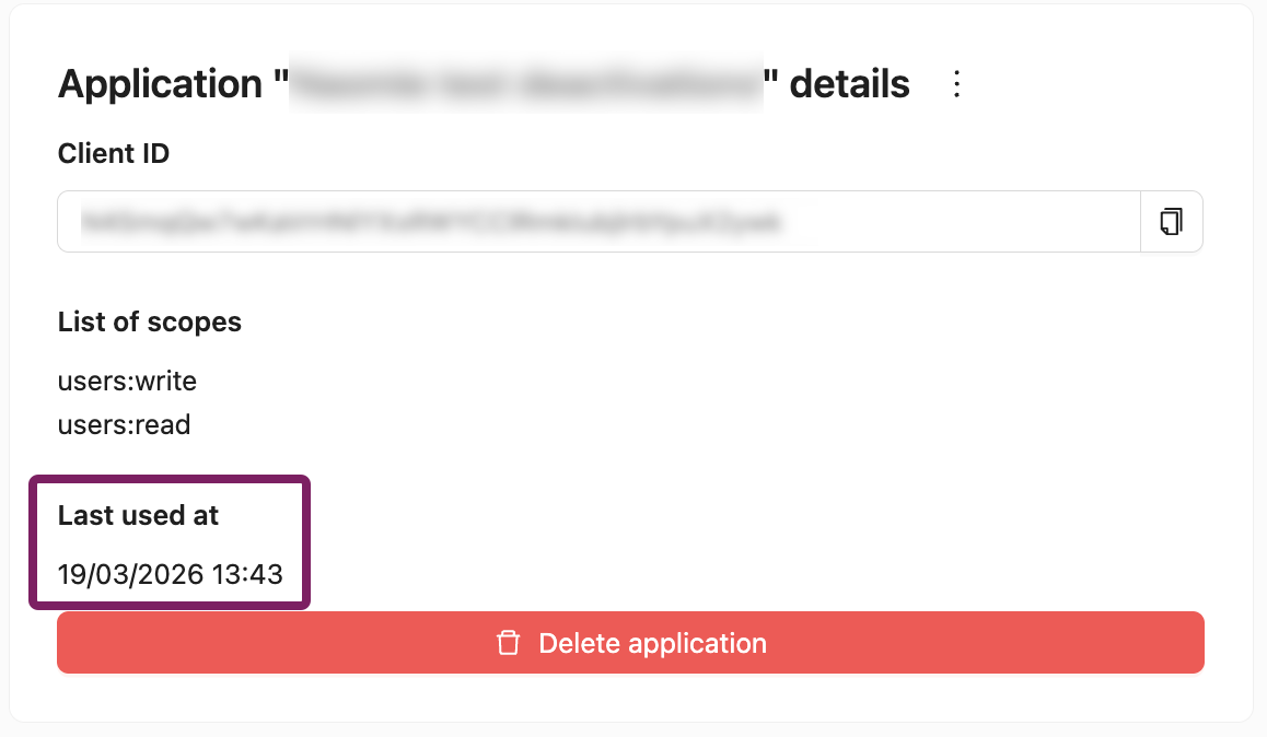 Pop-up showing the last used at date of a Portflow API app.